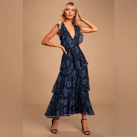 molinetto navy blue lace ruffled tiered sleeveless maxi dress Sophisticated Occasion Navy Blue Bustier Lace-Up Maxi Dress